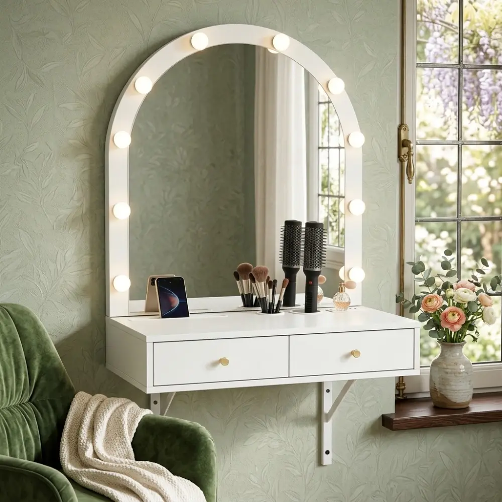 Littleox Floating Makeup Vanity Desk with Mirror & 3-Color Lights, Wall Dressing Table with Power Outlet, Compact vanity, Large Storage, White