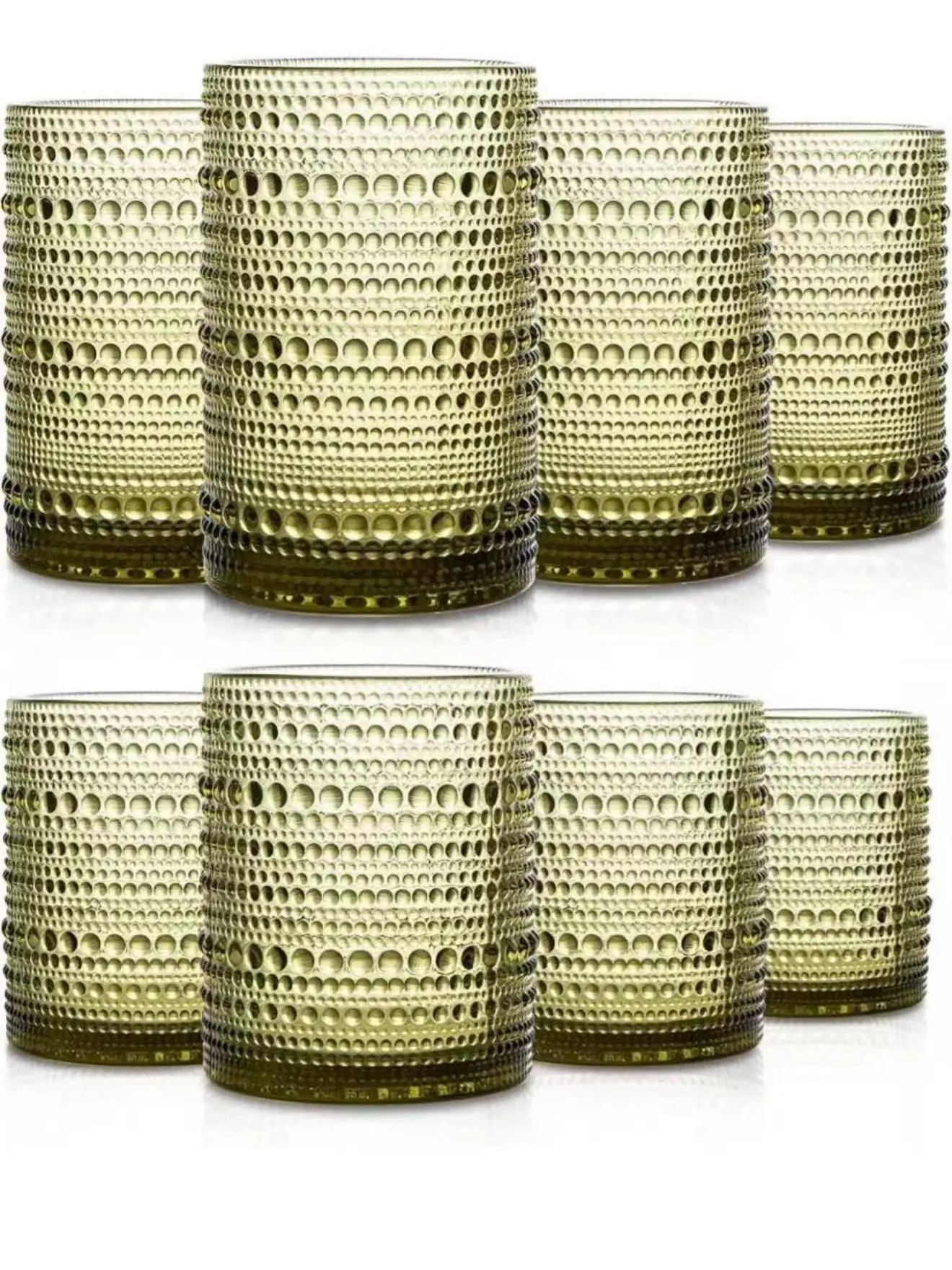 Vintage Green Embossed Dots Hobnail Drinking Glass Set (8-Piece) - 4x14oz Highball, 4x11oz Rocks Glasses for Highball/Rocks, Mixed Drinks, Kitchen/Bar Use