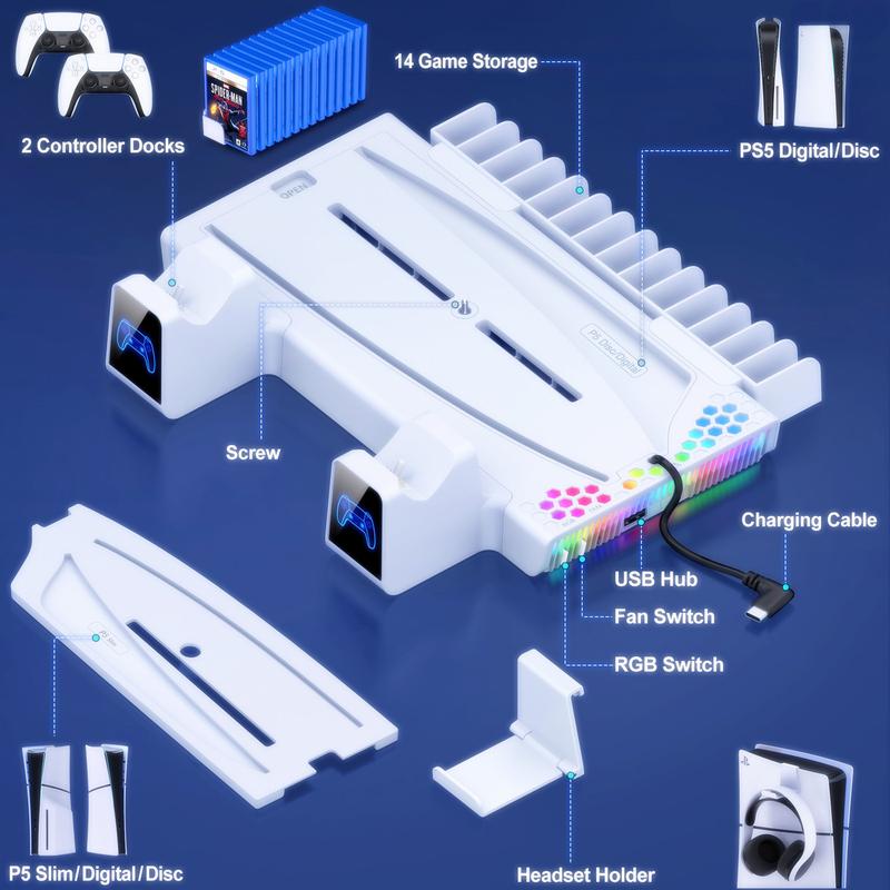 PS5 Slim Stand Cooling Station with PS5 Controller Charger for Playstation 5/Slim Console, PS5 Accessories Vertical Stand Incl.3 Levels Cooling Fan,Light,Headset Holder,14 Game Slot