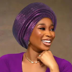 Glitter Women African Auto Gele Headtie Turban Cap Nigeria Wedding Party Headgear Muslim Hijab Head Wrap Pleated Hat Headpiece