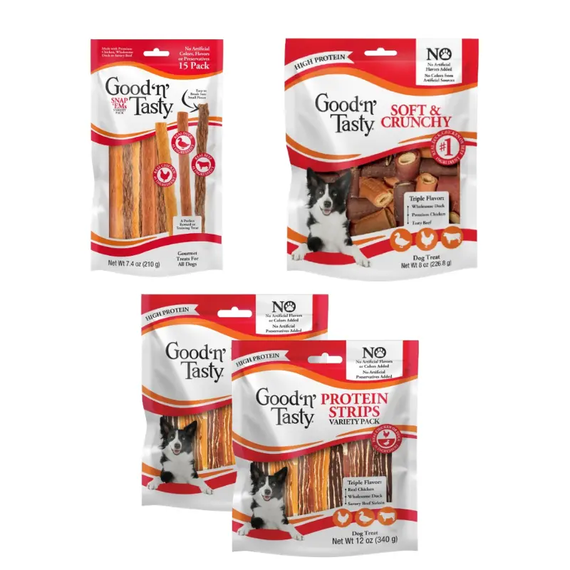 Good 'n' Tasty Protein Dog Treat Variety Pack – 4 Bags with 2 Protein Strips, Soft & Crunchy & Snap Ems