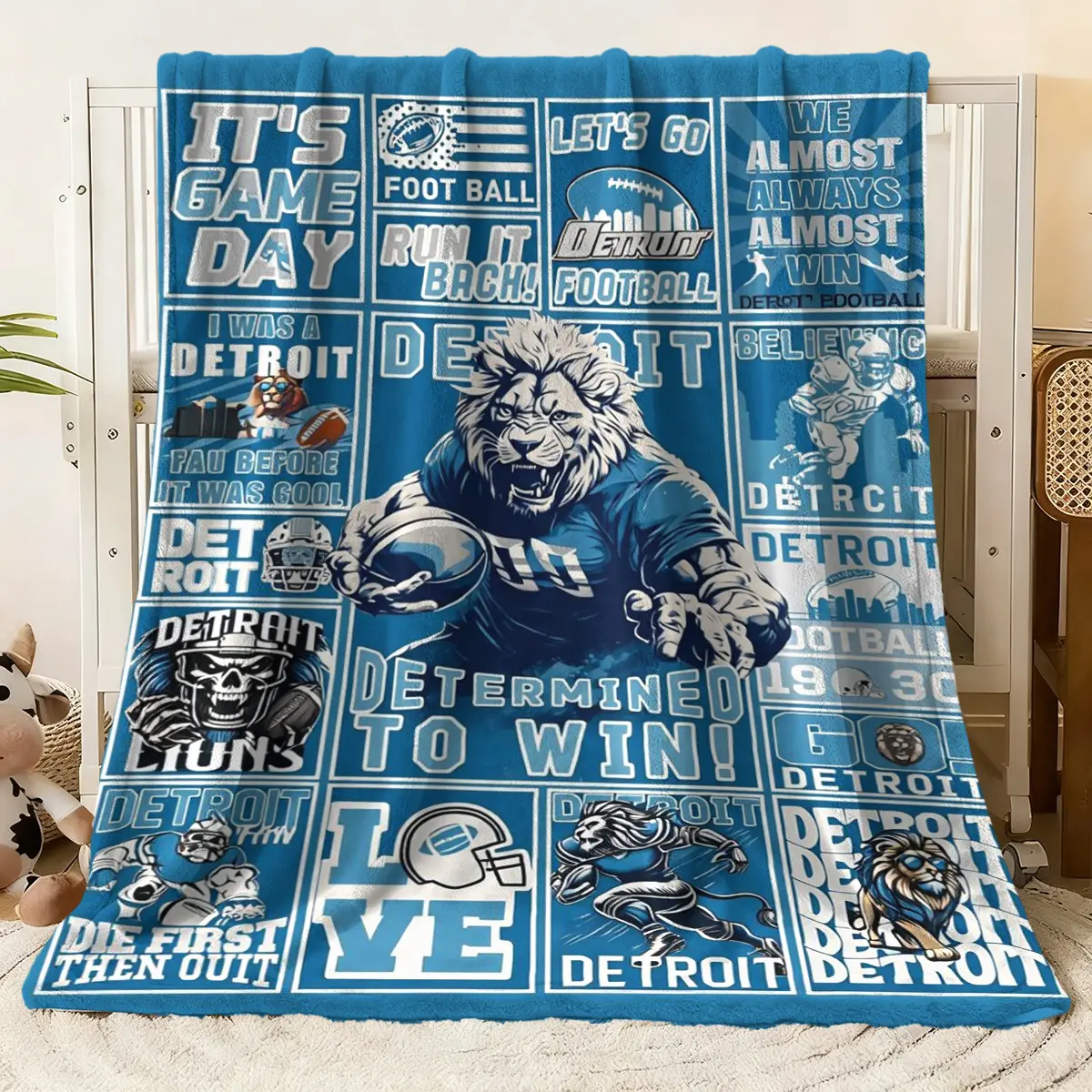 Detroit Lions Flannel Blanket - Football Themed Throw with Game Day Slogans, Lion Mascot Graphics, "DETROIT" Repeats & Sports Elements, Cozy Soft Blanket for Fans, Ideal for Couch Bed Decor