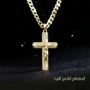 Chunky Gold Jesus Crucifix Pendant Necklace 14K Gold Plated, Christian Cross Jewelry for Men Women,Crucifix Pendant Necklace Chain Religious Gift for Daughter Mom Sister, First Communion Easter Confirmation Baptism