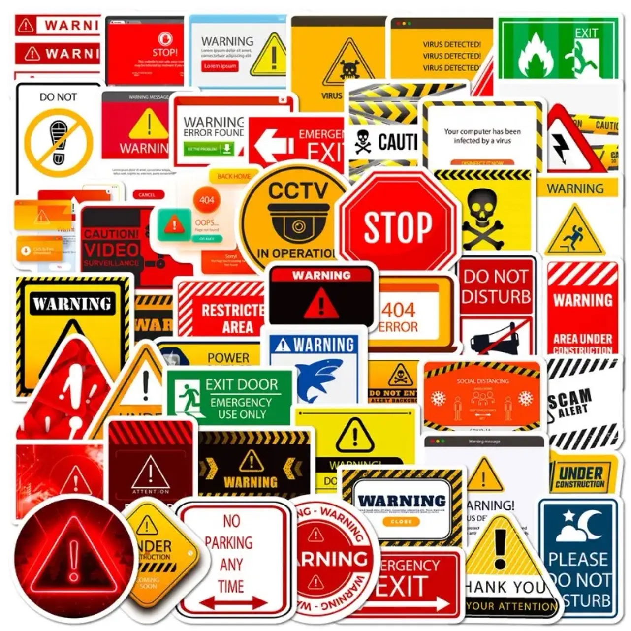 50 PCS, Warning and Safety Signs Stickers. Great for Hard Hats, Tool Boxes, Water Bottles, Class Projects.  Waterproof and No Duplicates