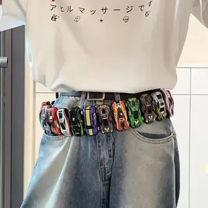 Unisex 40.55in Adjustable PU Leather Elastic Belt with Colorful Mini Cars & Alloy Buckle - Punk Streetwear Quirky Accessory for Jeans, Casual Outfits, Christmas Gifts