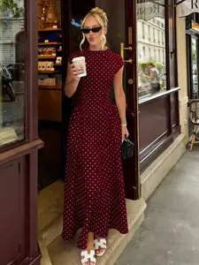Boho Polka Dot Print A-Line Dress Elegant Party Summer Sleeveless Bodycon Dress, O-Neck New Fashion Casual Maxi Dress for Women,Graceful Women Long Dress For Holiday White Summer, Elegant Bohemian Casual