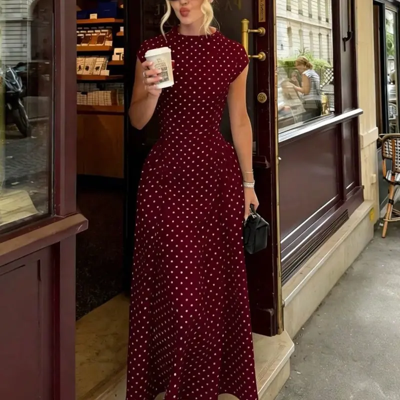Boho Polka Dot Sleeveless Maxi Dress for Women, O-Neck Elegant Formal Summer Party Long Dress, Womenswear White Bohemian Casual Holiday Style