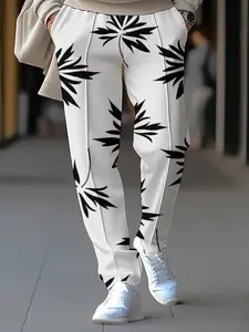 Men's Regular Fit Leaf Print Zipper Side Sweatpants, Casual Comfy Straight Leg Pants for Summer, Fashion Men's Bottoms for Daily Wear, Trouser, Casual Streetwear Pants