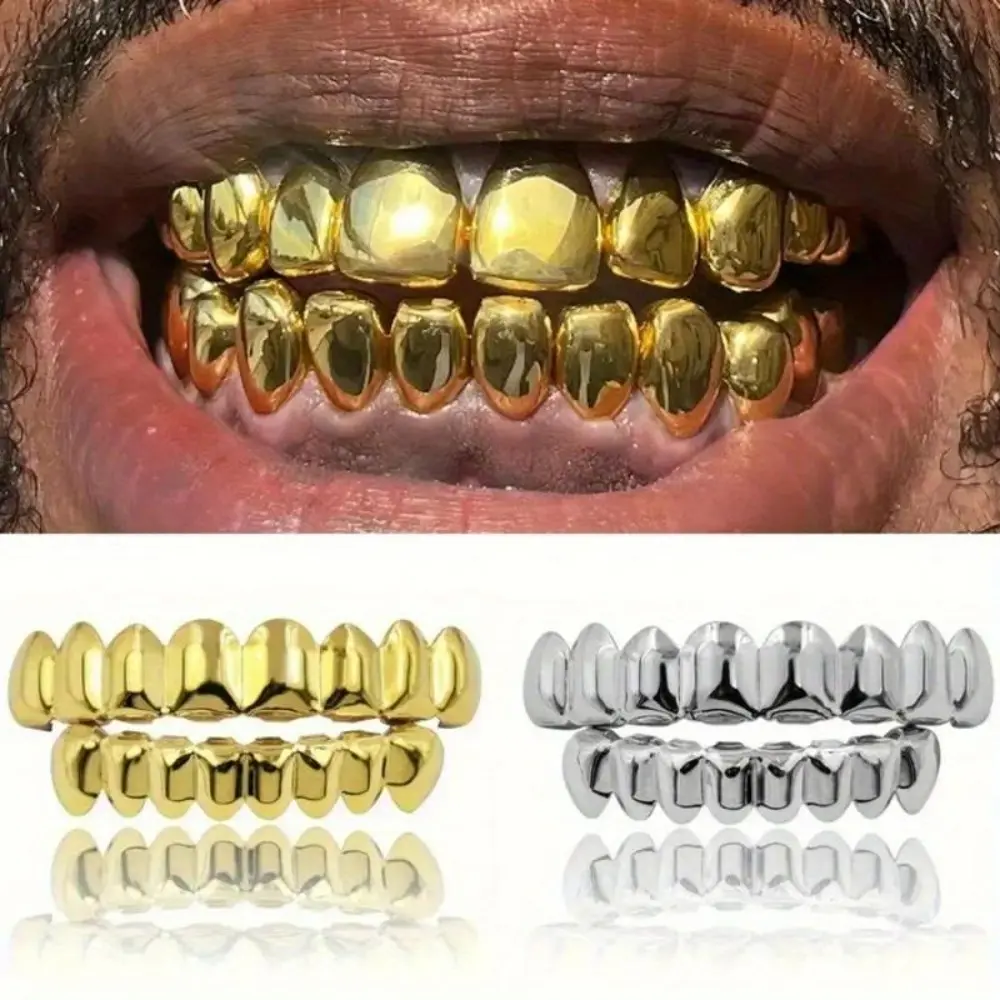 2-count Stainless Steel Hip Hop Teeth Set - 8-Tooth Golden Silver Plated Fang Vampire Caps,Halloween Street Rap Shiny Glossy 8-Tooth Gold Plated Teeth,Unisex Teeth for Christmas, Halloween, Thanksgiving, Patrick's Day, and Year Birthday gifts