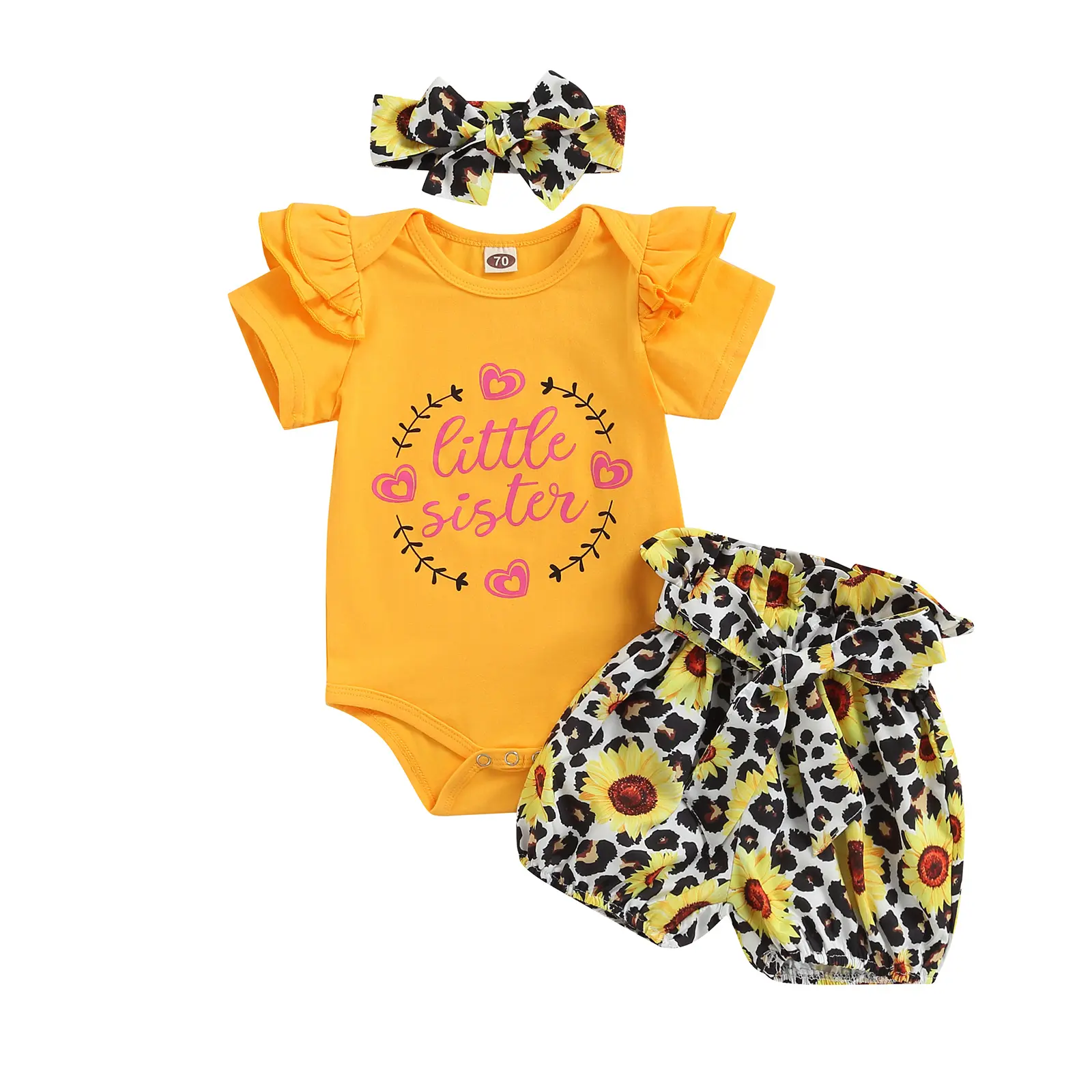 Girls' Romper Set Short Sleeve Garland Letter Print Jumpsuit + Leopard Print Sunflower Shorts + Headband