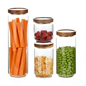 4-Size (15oz, 25oz, 34oz & 51oz) Glass Food Storage Jars, Kitchen Containers with Airtight Acacia Wooden Lids for Pasta, Cookies, Nuts, Coffee Beans, Cereal, Canisters for Flour, Pantry Organization, BPA Free, Food Safe & FCM-Certified