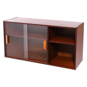 Kitchen Pantry Cabinet, Wall Mount or Countertop Sideboard with Glass Doors, 2 Tiers Rectangular Cupboard Food Pantry Cabinet for Kitchen, Dining Room, or Living Room (Walnut)