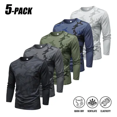 Men's 5-Pack Camo Print Active Mix Long-Sleeve Athletic T-Shirts, Polyester Lightweight Elastic Breathable Quick-Dry Material, Classic Crew Neck Clean Fit, Suitable For Fitness Hiking, Active Mix Men's Long-Sleeve T-Shirts