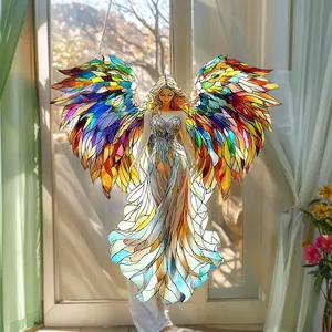 Rainbow Winged Angel Acrylic Suncatcher Faux Stained Glass Guardian Window Decor