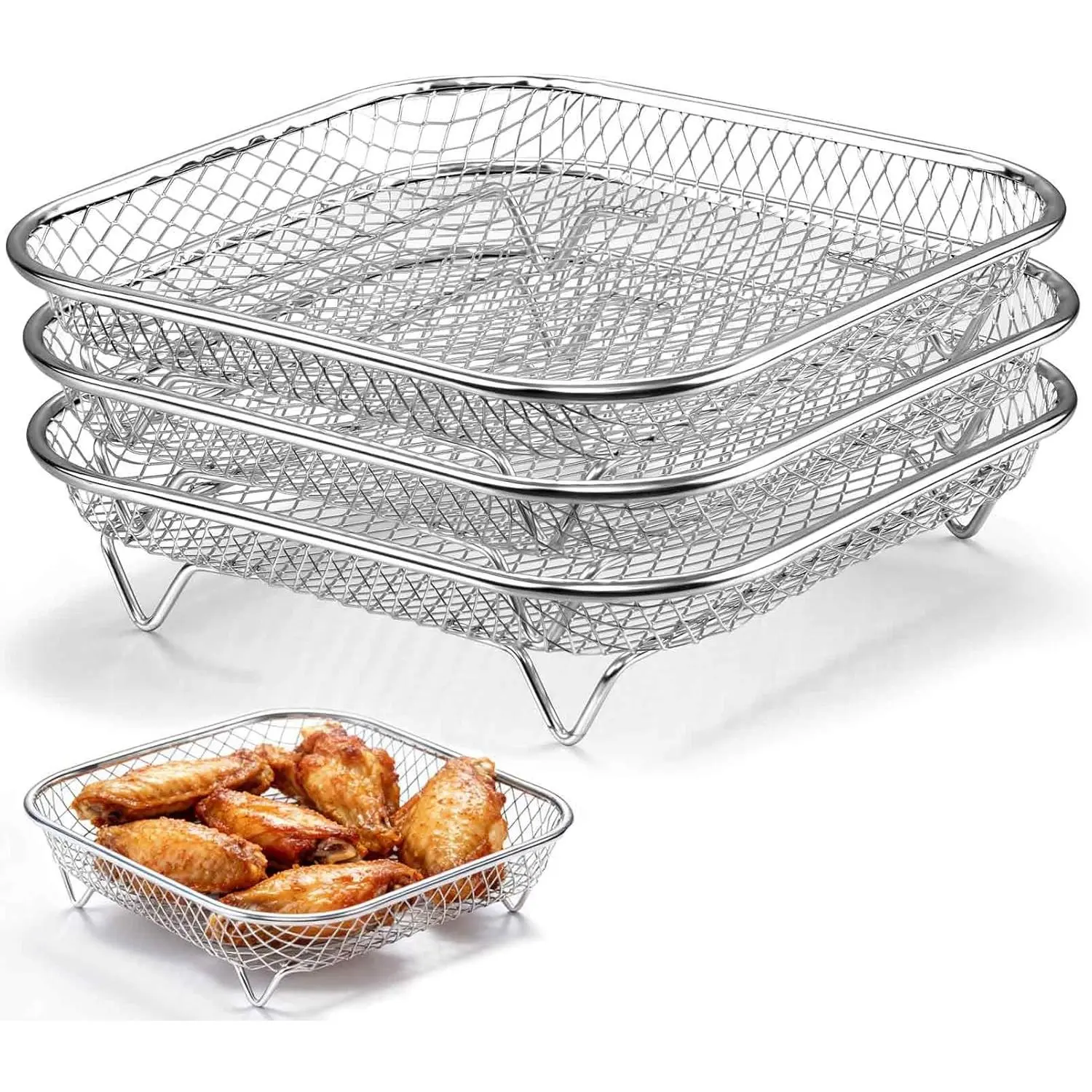 3 Pcs 7.72 Inch Square Air Fryer Rack, Stackable Stainless Steel Dehydrator Basket Rack, Reusable Air Fryer Accessories for Baking, Roasting, Drying Fruits, Vegetables and Meat, Oven Dishwasher Safe