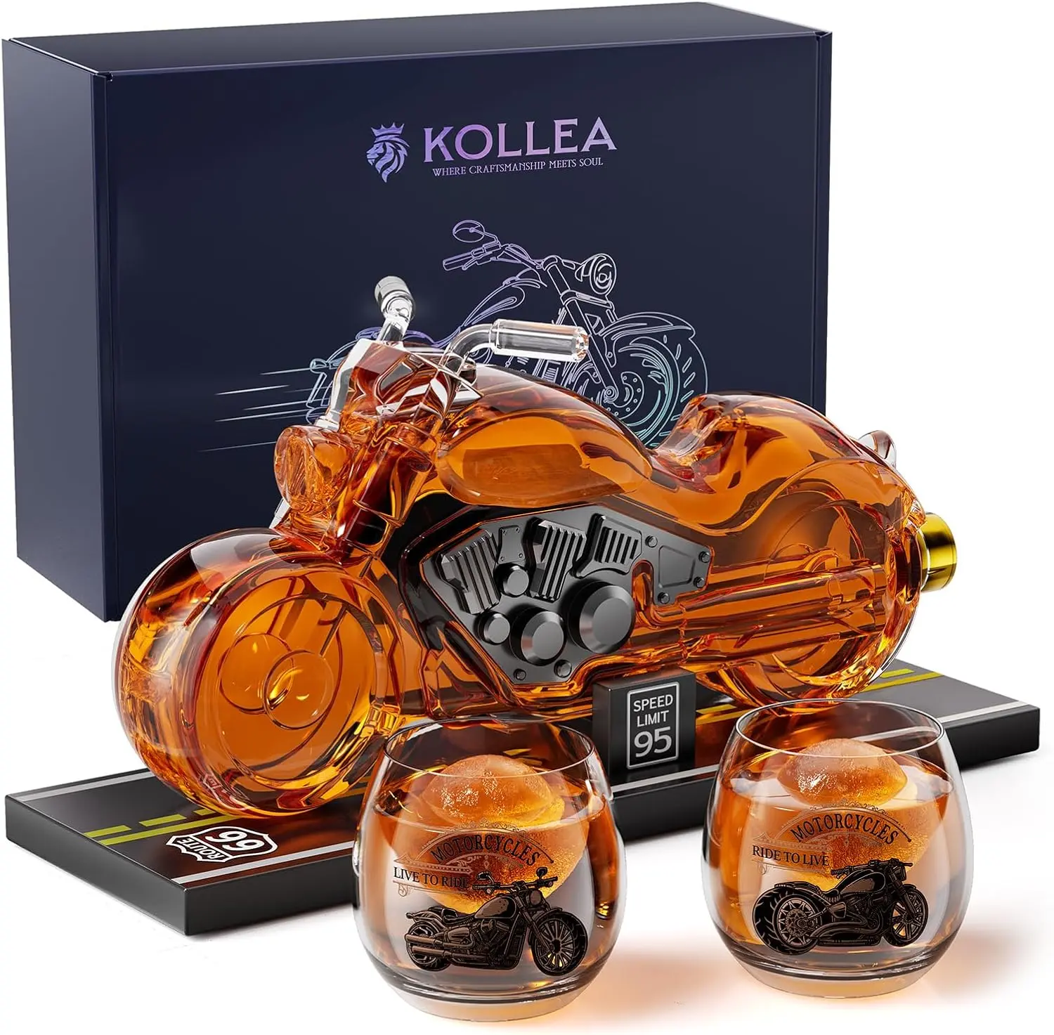 Kollea Motorcycle Whiskey Decanter Gift Set with 2 Glasses | Handcrafted 33.8 oz Liquor Dispenser with Wooden Base, 2 Matching Glasses, Unique Biker Gifts for Men, Dad, Motor Lover