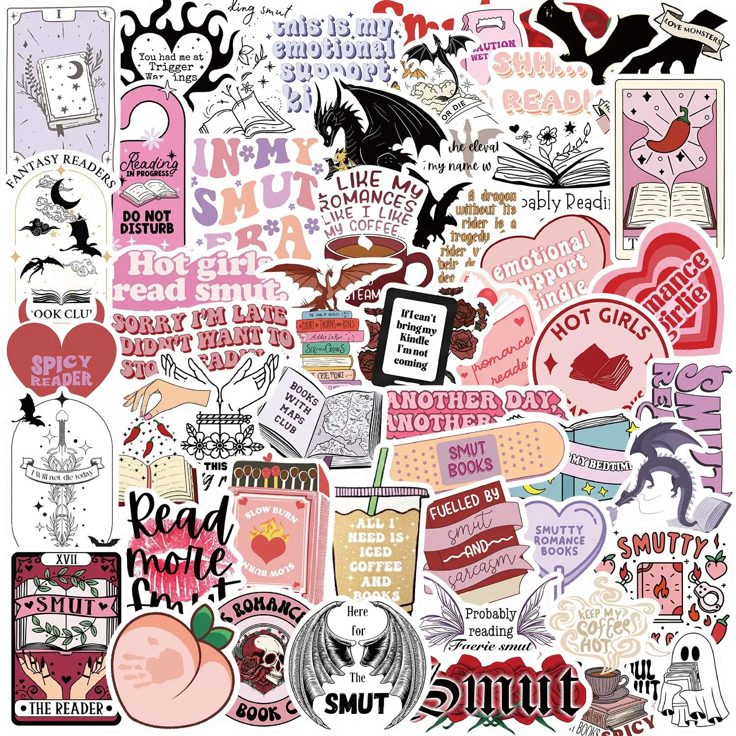 Bookish Smut Reading Book Sticker, 52pcs/set DIY Decorative Sticker, Waterproof Self Adhesive Decor Paper for Gift Greeting Card Water Bottle Laptop P