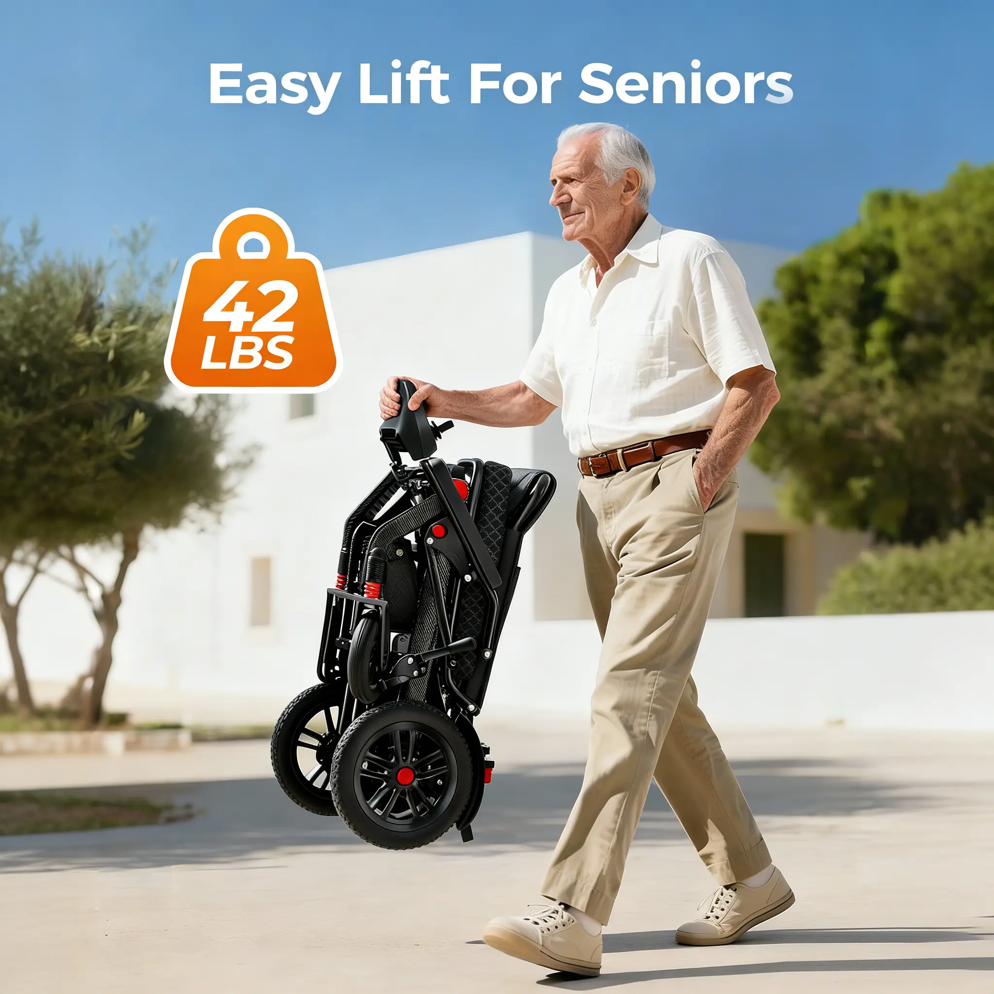 Unisex Adult 15Ah Fast-Charge LiFePO4 Battery Electric Wheelchair, 19.5kg Ultralight Foldable Travel Mobility Chair, 350lbs Capacity All-Terrain Power Chair with Carbon Fiber Style Aluminum Alloy Lighter Frame for Seniors