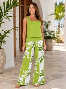 Women's 2 Piece Set - Comfortable Summer Casual Outfit with a Square Neck Layered Top and Plant Print Wide-Leg Drawstring Pants, 2 Piece Sets Women