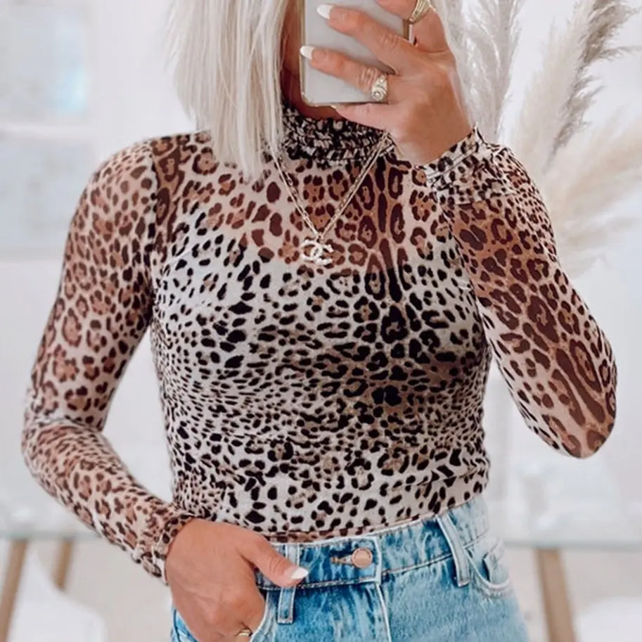 MULLVEIG Women's Brown Leopard Smocked Neck Long Sleeve Polyester Mesh Bodysuit - Chic Sheer Fitted Style Top for Going Out, Pairable with Jeans, Skirt, Fabric, Essential, Elegant, Print, Comfortable