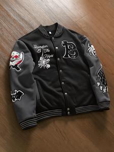 unisex's letter & bat & skull patched button front pocket varsity jacket, regular fit street long sleeve baseball collar outerwear for daily wear, unisex's clothes for fall & winter, longsleeves coats, casual style outerwear, casual fitted jacket