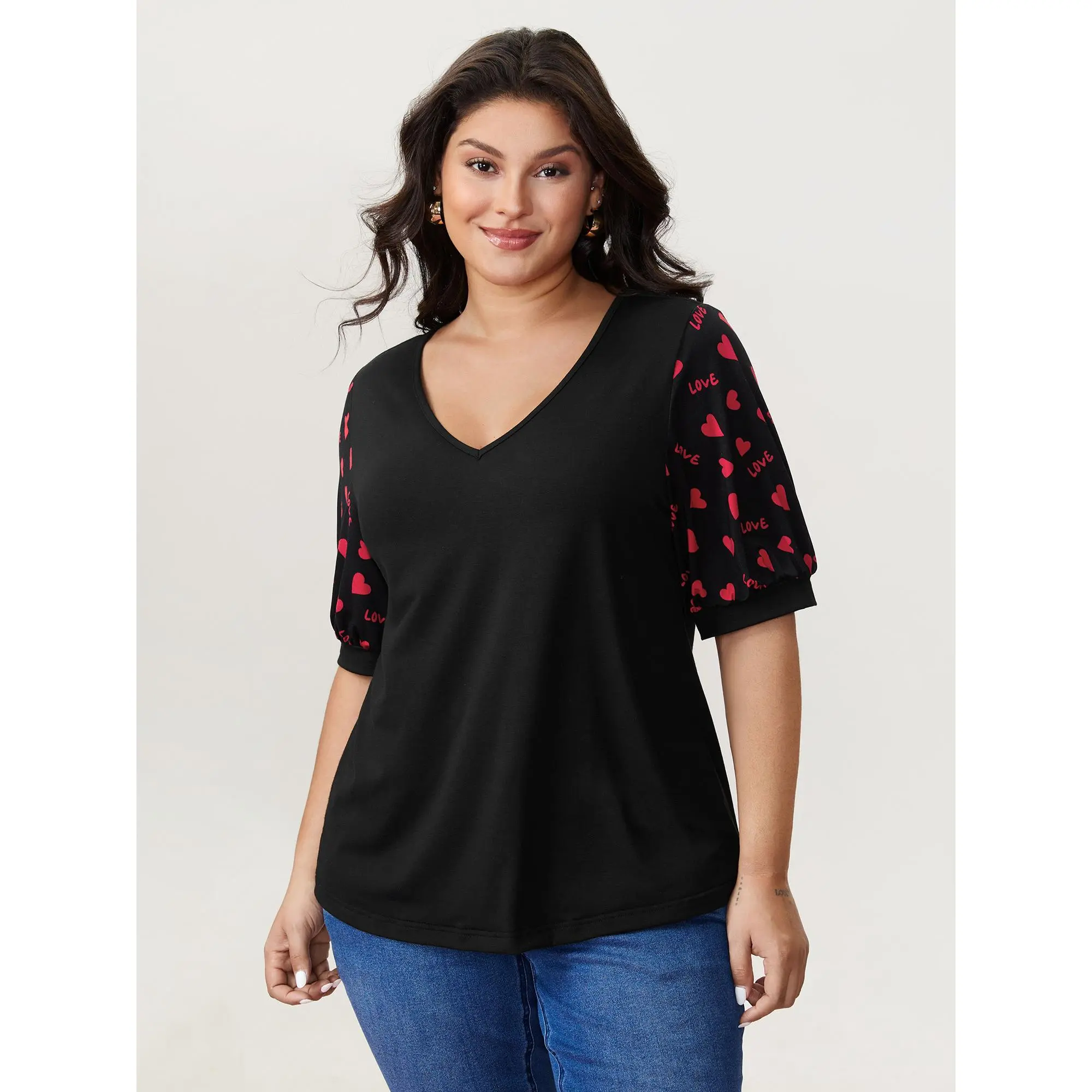 BloomChic Women's Plus Size Heart Print Polyester-Blend Fabric Short-Sleeve Lantern Sleeve V-Neck Stretchy Patchwork T-Shirt Top for Valentine's Day, Regular Fit Summer Casual Wear, High Stretch, Machine Washable, No Tumble Dry, Shortsleeve,Back To School