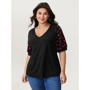 【Summer Turn-Up】BlOOMCHIC Plus Size Heart Print Stretchy V-Neck T-Shirt [1x-6x] 2026 Summer Pick for Mother's Day