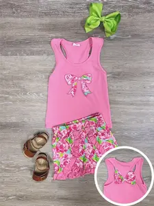 Pretty in Pink Garden Bow Girls Ruffle Shorts Outfit - Sweet & Stylish Floral Tank & Shorts Outfit Set for Summer Play