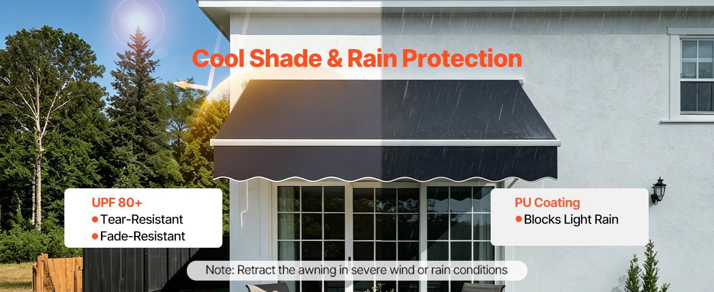 VEVOR Manual Retractable Awning, 9.8' x 8.2' Outdoor Patio Awning Retractable Sun Shade, Patio Door Window Water-Resistant Polyester Sunshade Shelter with Crank Handle for Deck, Balcony, Yard, Gray