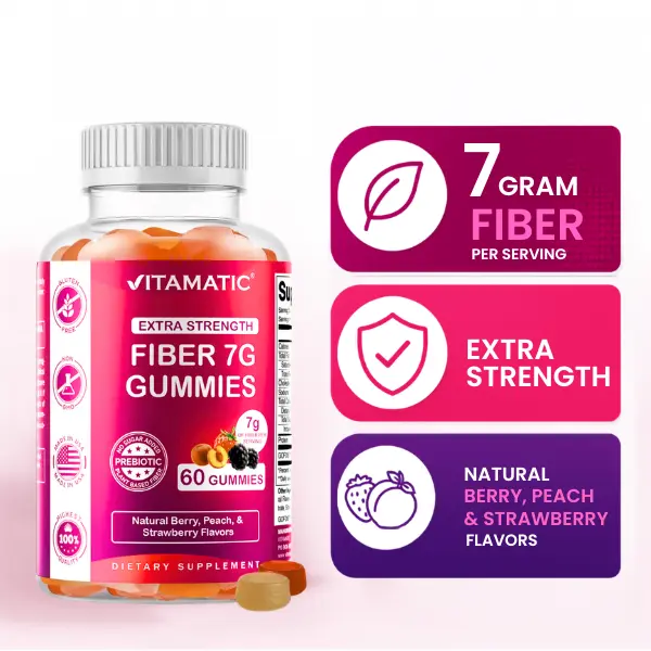 Vitamatic Prebiotic Fiber Gummies 7G Extra Strength - 60 Gummies, Natural Berry, Peach & Strawberry Flavors, Zero Sugar Added, Dietary Supplement, Fiber Foods, Gut Support