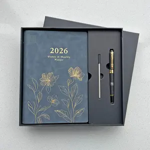 CHINSIKOL 2026 Yearly Planner Gift Box, Vintage Gold Foil Imitation Leather Hardcover Notebook, Business Office Diary with Pen Set