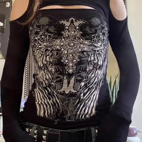 Women's Dark Vintage Print Y2K Hollow Out Shoulder Slim Fit Long Sleeve Knit T-Shirt, Casual Fashion Top for Spring & Fall Seasons