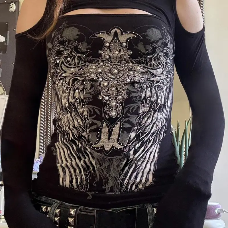 Women's Dark Vintage Print Y2K Hollow Out Shoulder Slim Fit Long Sleeve Knit T-Shirt, Casual Fashion Top for Spring & Fall Seasons