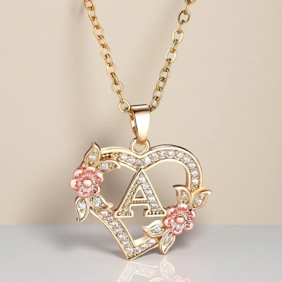 A-Z Letter Love Heart Necklace Elegant zirconia Rose Golden