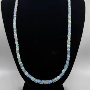 16"Natural Ethiopian white Opal Gemstone Beads Necklace 925 silver chain