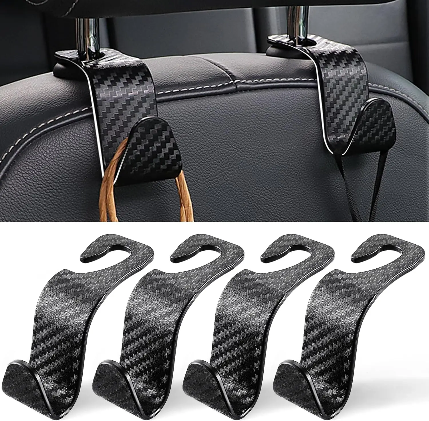 Purse Hook, 4 Pack Universal Auto Seat Headrest Hook Hangers Organizer for Coats, Umbrellas, Groceries - Carbon Fiber Black