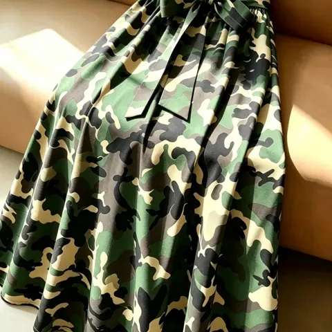 Women's High Waist A-Line Navy Camo Print Bow Tie Belt Design Summer Military Casual Versatile Midi Skirt Camouflage High Waist Skirts