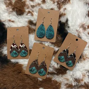 Western Earings Teardrop Design with Turquoise Accents and Cowhide Texture for Stylish Outfits Handmade Unique Accessory
