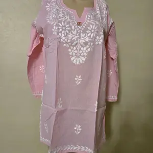 Chikankari Cotton Short Kurtis for Women - Pink Color with Floral Embroidery Design