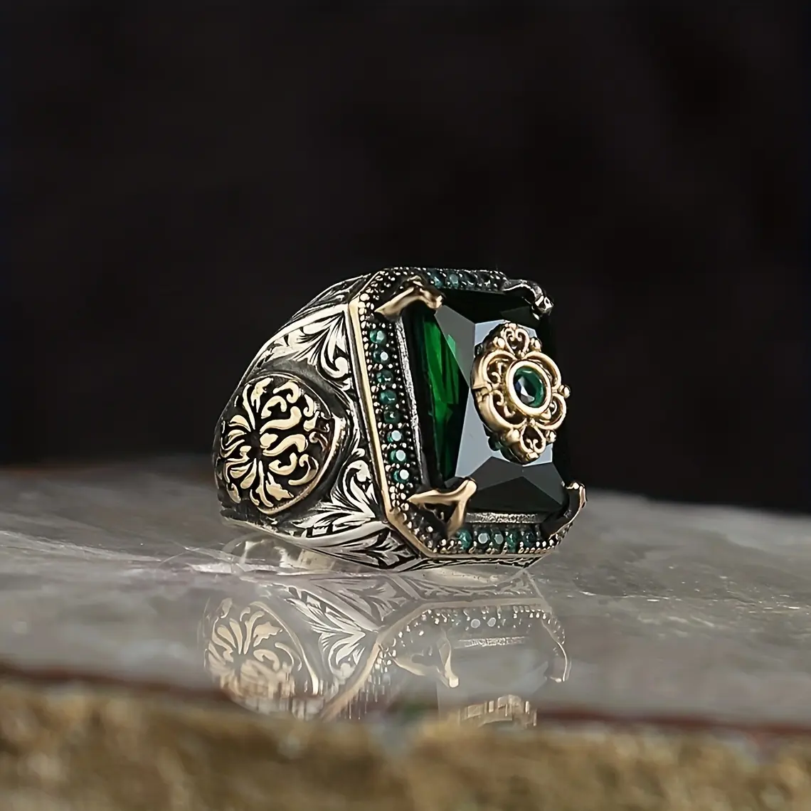1pc Vintage Islamic-Inspired Male Gold Ring - Hand-Carved Green & Black Synthetic Gemstone Style, Intricate Golden-Tone Metal Coating, Durable Punk Statement Jewelry, Daily Wear, Unique Gift for Birthdays/Anniversaries, Vintage Metal Rings