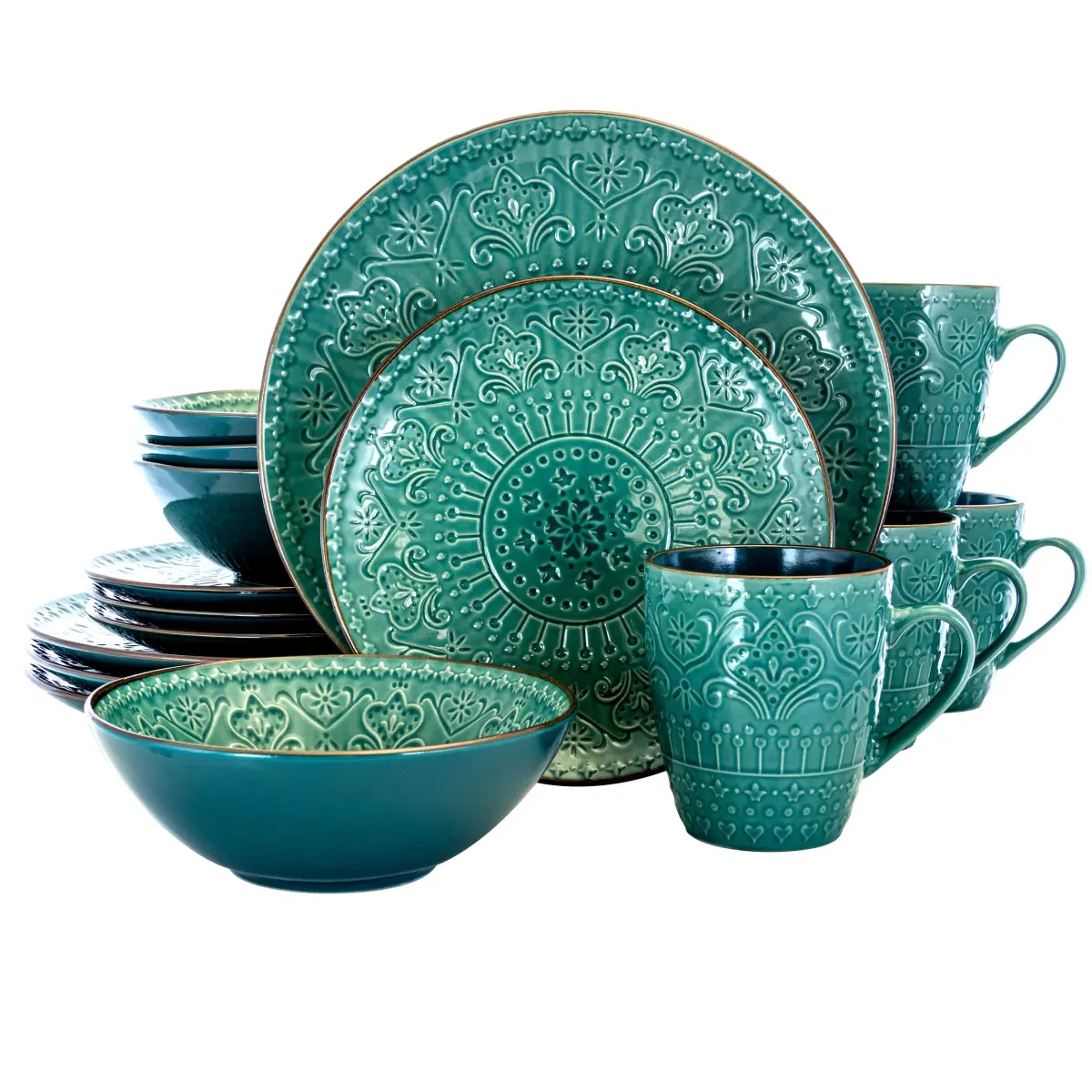 212 MAIN Luxurious Stoneware Tableware Set - 16-Piece, 4-Person Complete Setting, Mosaic Design, Cutlery-Compatible, Microwave-Safe, Sea Foam Finish, Dish for Party Use