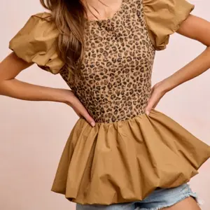 Leopard Print Peplum Top with Puff Sleeves for Women - Stylish Brown Blouse for Casual Wear