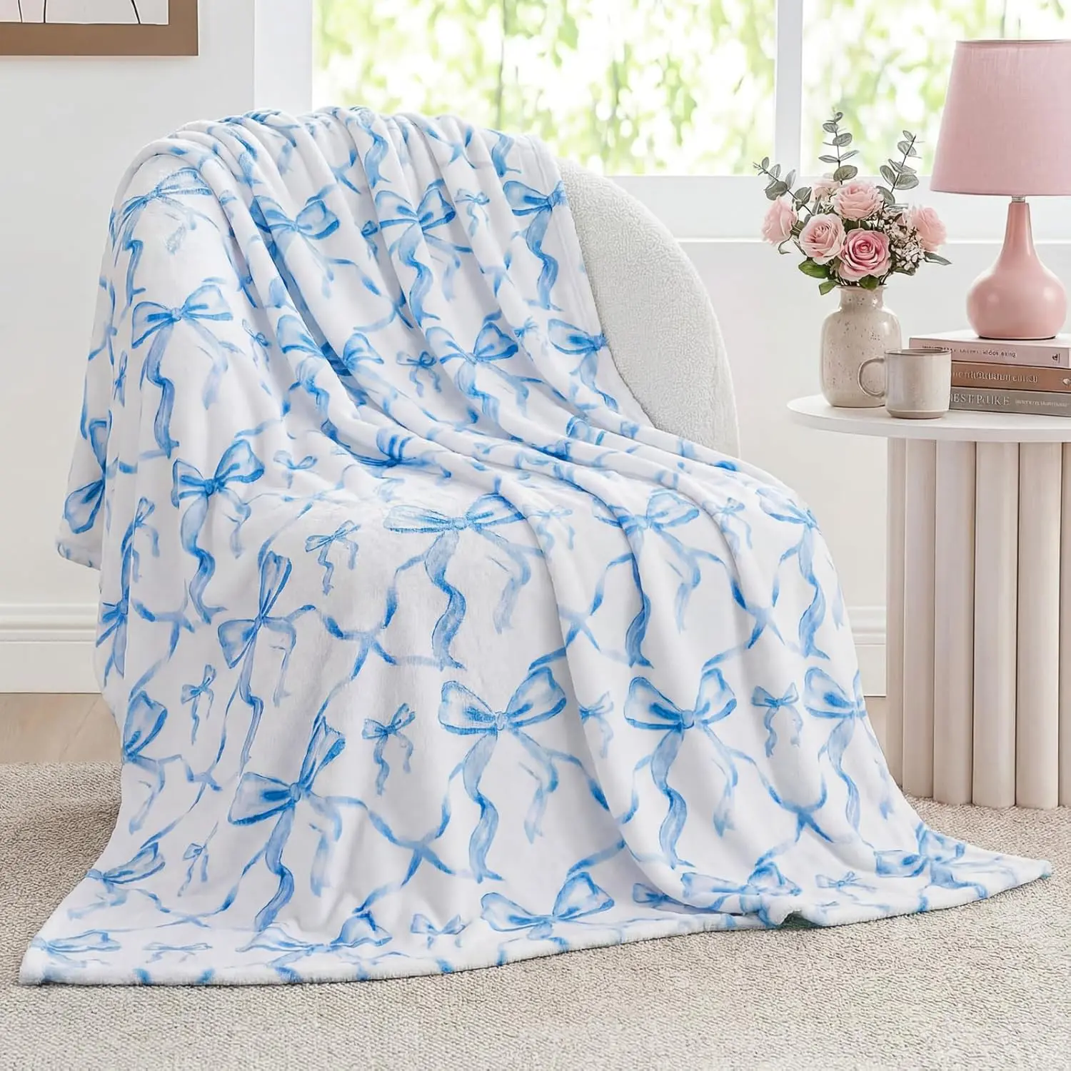 Blue Bow Throw Blanket Valentine's Day Galentines Day Gifts Preppy Blanket Coquette Flannel Soft Cute Bow Lightweight Aesthetic Room Decor for Women Friends for Sofa Couch Travel Bed