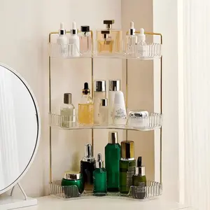 3-Tier Corner Bathroom Counter Organizer, Plastic Countertop Makeup Organizer, Large Capacity  Bathroom Perfume Shelf Rack for Kitchen Office Desktop (Clear)