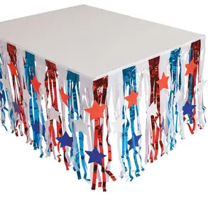 Patriotic Metallic Fringe Plastic Table Skirt with Star Cutouts