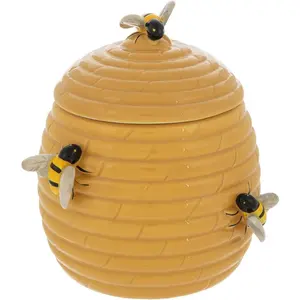Hobby Lobby Bee Hive Shaped Ceramic Cookie Jar with 3 Bee Figurines, Honey Yellow