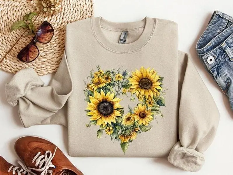 [Sale off up to 50%] Sunflower Sweatshirts, Floral Long Sleeve Sunflower Sweatshirt, Flower Sweatshirt, Womens Sweatshirts, Trendy Sunflower Fleece Top For Women