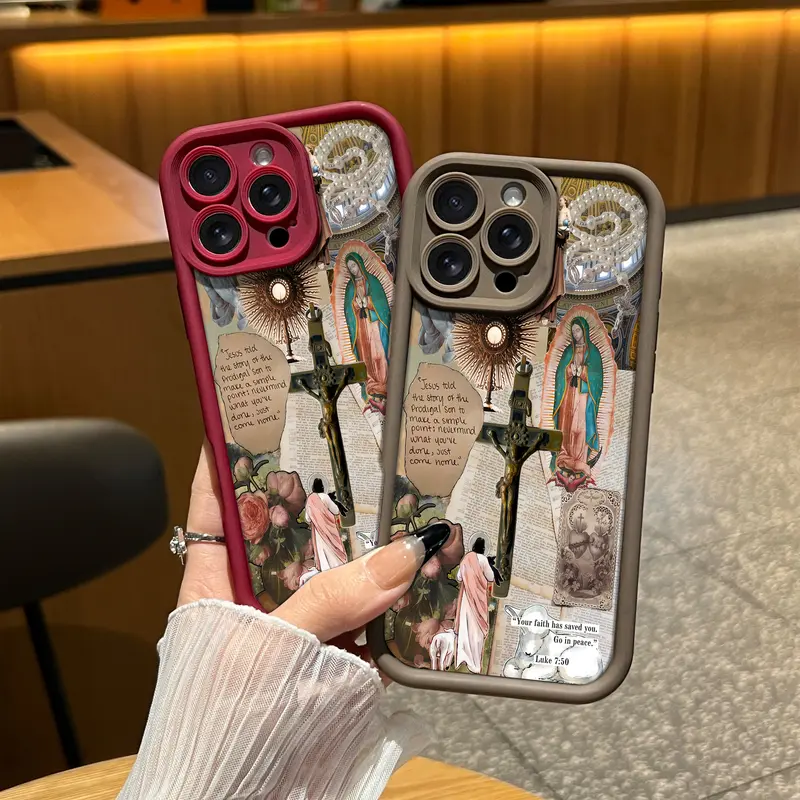 Aesthetic Religious Collage TPU Smartphone Cover - Protector-Compatible Case for iPhone 16 Pro Max,15 Plus,14,13,12,11,XR,XS & Galaxy S24,S22,S23 Cellphone Devices, Anti-Scratch, Drop-Proof, Shockproof Bumper