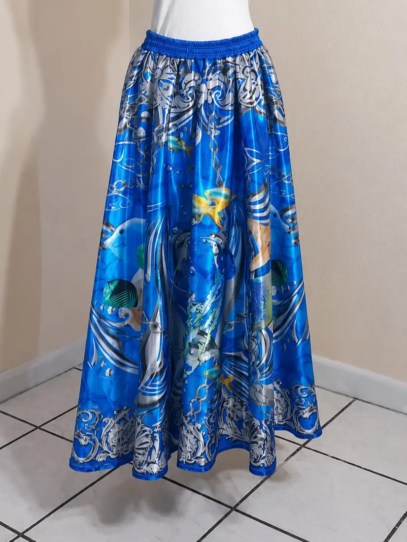 Saya de Satin with Quilla Yemaya Print 80cm Long One Size Fits S to XL Versatile Satin Skirt for Multiple Occasions