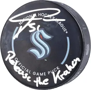 Philipp Grubauer Seattle Kraken Autographed Official Game Puck with "Release the Kraken" Inscription - Fanatics Authentic Certified